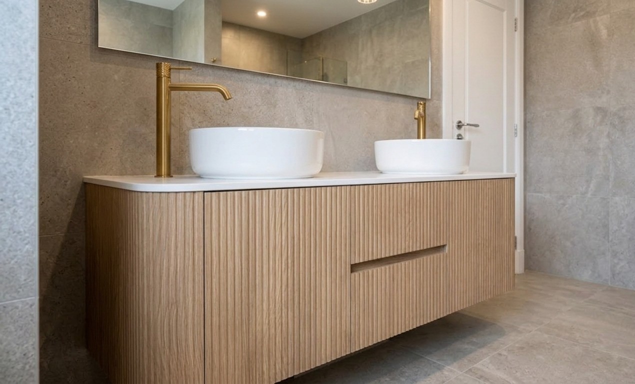 Installation salle de bain double vasque robinetterie dorée par AS Thermi à Cholet